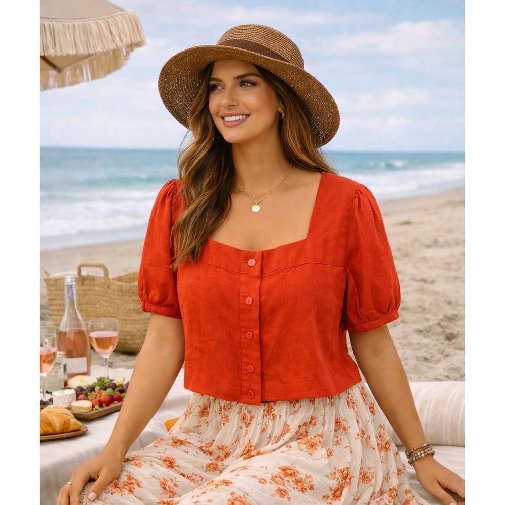 Calligraphie Women's Red Linen Viscose Button Short Sleeve Summer Blouse Large